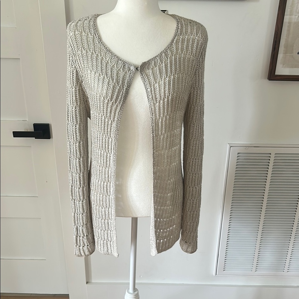 Chico’s Elegant gray/siver Open-Front Sweater